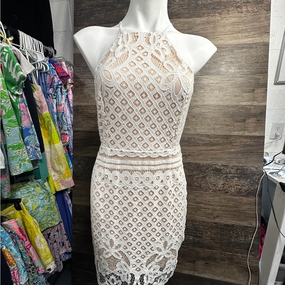Lulu's Cream White Halter Sheath Lace Dress Medium
